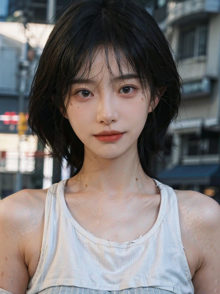 (Skin details:1.4), (smooth skin textures:1.3), （Upper body：1.4），（Upper Body：1.3）Lipstick, background, earrings, serene, calm, (Sportswear:1.3)，(Realistic and detailed eyes：1.2）, Natural skin texture, Realistic facial details, Soft dramatic lighting, Vivid details, 35 mm film, outdoor, (Photo Practical:1.4), (hyper Practical:1.4), (Practical:1.3), (Smoother lighting:1.05), (Improve lighting quality:0.9), (Highest quality real skin textures:1.4), Exquisite eyes, Delicate face, Close-up of face, (Enhance the beauty of skin texture:1.1), Hair details,normal body ratio, short hair, Moles under the eyes, A faint smile,Portrait Photography, Depth of Field, Bokeh, Surrealism, Ray Tracing, (Portrait Photography:1.1), Surrealism, High Detail, Chiaroscuro, Ray Tracing, reflected light, Ultra HD, Ultra HD, masterpiece, Textured Skin, Super Detail, High Detail, high quality, best quality