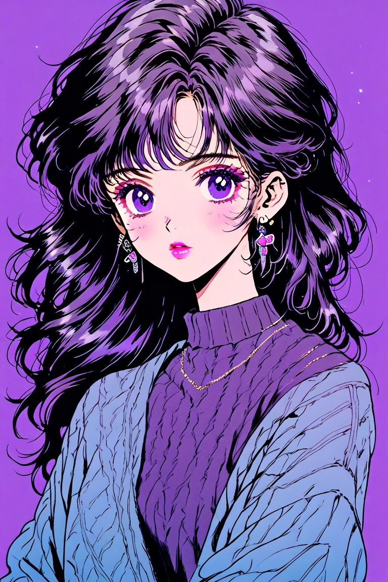 (Highest quality, sketch:1.2),Realistic,Illustrator,anime,1 Girl, Detailed lips,sweater,custom,Pink gradient background,Neon Hair,Texture Cropping,masterpiece, Style: Retro Classic, Dark Black、Braid、Under the Moon、black and purple hair、Beautiful Book、Blue butterfly hair ornament