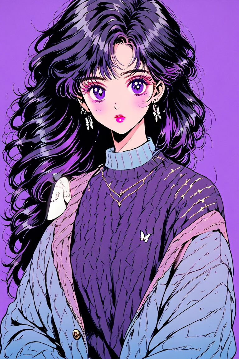 (Highest quality, sketch:1.2),Realistic,Illustrator,anime,1 Girl, Detailed lips,sweater,custom,Pink gradient background,Neon Hair,Texture Cropping,masterpiece, Style: Retro Classic, Dark Black、Braid、Under the Moon、black and purple hair、Beautiful Book、Blue butterfly hair ornament