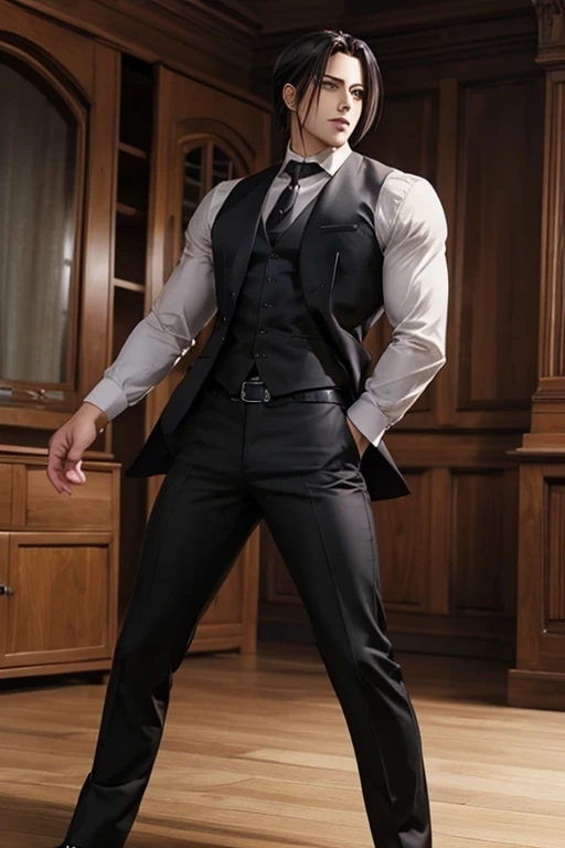 full Body photorealistic shots of handsome hunky masculine anime style Levi Ackerman,, in action