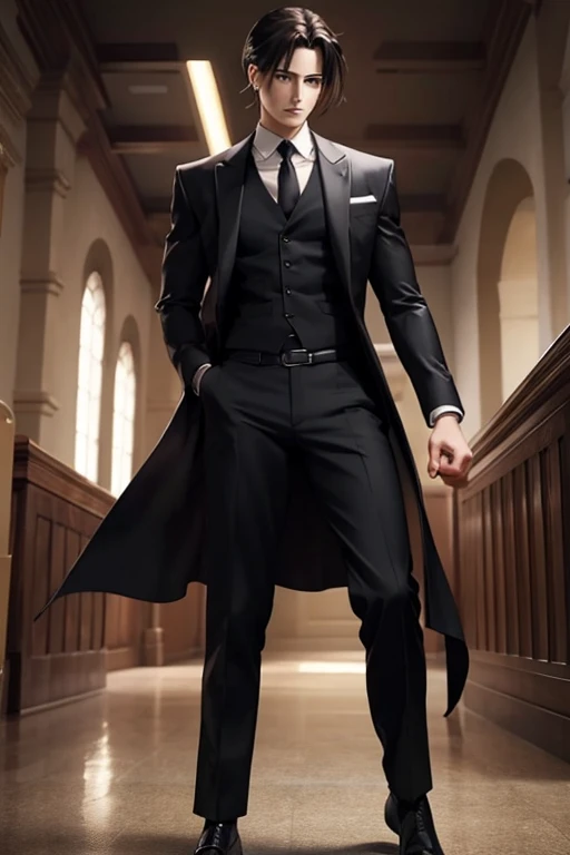 full Body photorealistic shots of handsome hunky masculine anime style Levi Ackerman,, in action