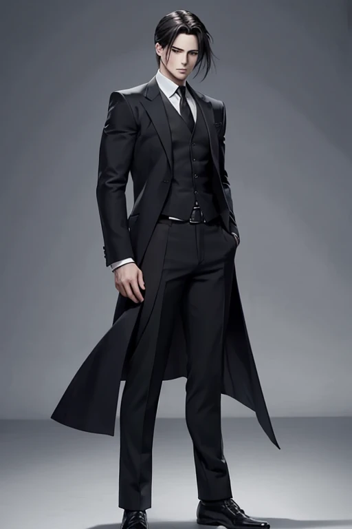 full Body photorealistic shots of handsome hunky masculine anime style Levi Ackerman,, in action