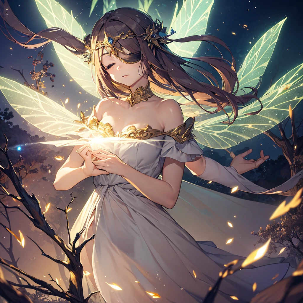 masterpiece, 1 Fairy, Flying fairy girl, Perfect Face, Light, Glass Tree Forest, Dramatic lighting,  Blindfold, Super detailed, floating glow Lights, Depth of written boundary, (Shining Dust)