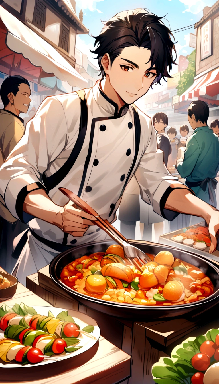 A handsome young man with black hair, dressed in a professional chef's outfit, is standing at a bustling street food stall. He is focused and skillfully preparing a delicious dish, with various cooking utensils and ingredients around him. The background features a vibrant market scene with other food stalls, colorful signs, and a crowd of people eagerly waiting for their food, emphasizing his dedication and expertise in the culinary arts.