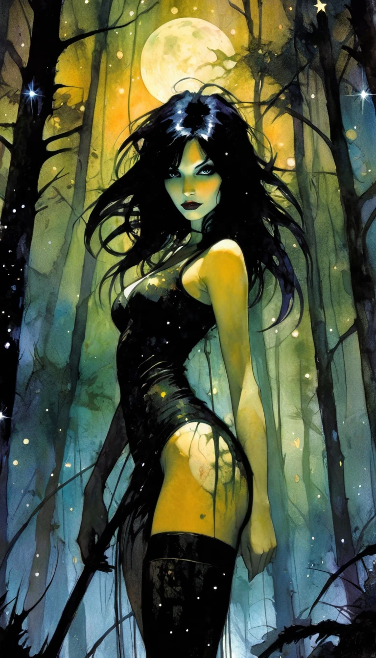 sexy black hair girl, dark forest, sinister, stars, background, art inspired by Bill Sienkiewicz
