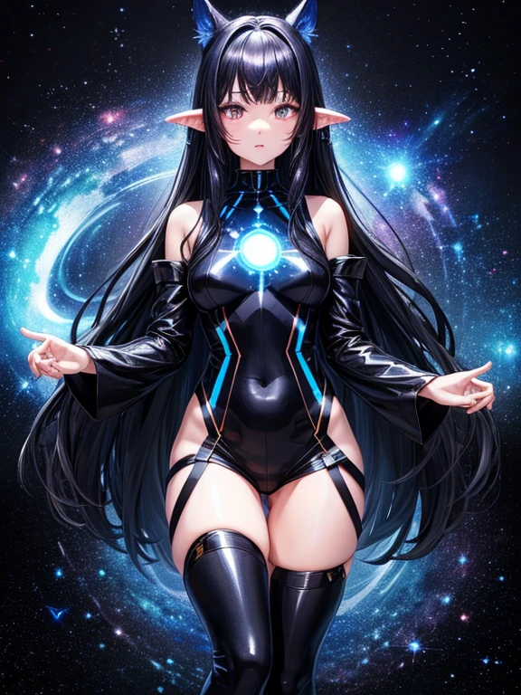 Black long hair black eyes glowing galaxy side ears glowing galaxy neck fluff wearing dark blue galaxy print bodysuit dark blue galaxy print bodyauit socks and have glowing galaxy tail