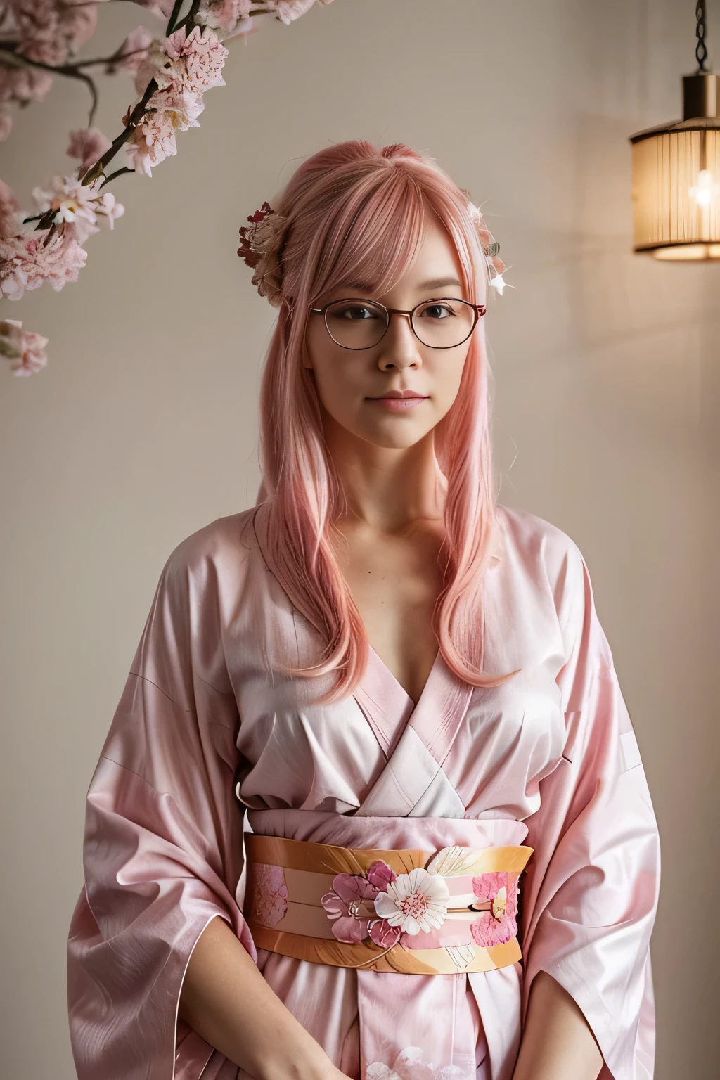 a woman with pink hair and a white shirt posing for a picture, a pastel inspired by Louisa Matthíasdóttir, reddit, renaissance, long flowing pink hair, light pink hair, flowing pink hair, light pink hair with pink flames, pastel hair, pink wispy hair, long pink hair, long hair with pastel colors, long light pink hair with glasses , kimono)) kimono geisha kimono