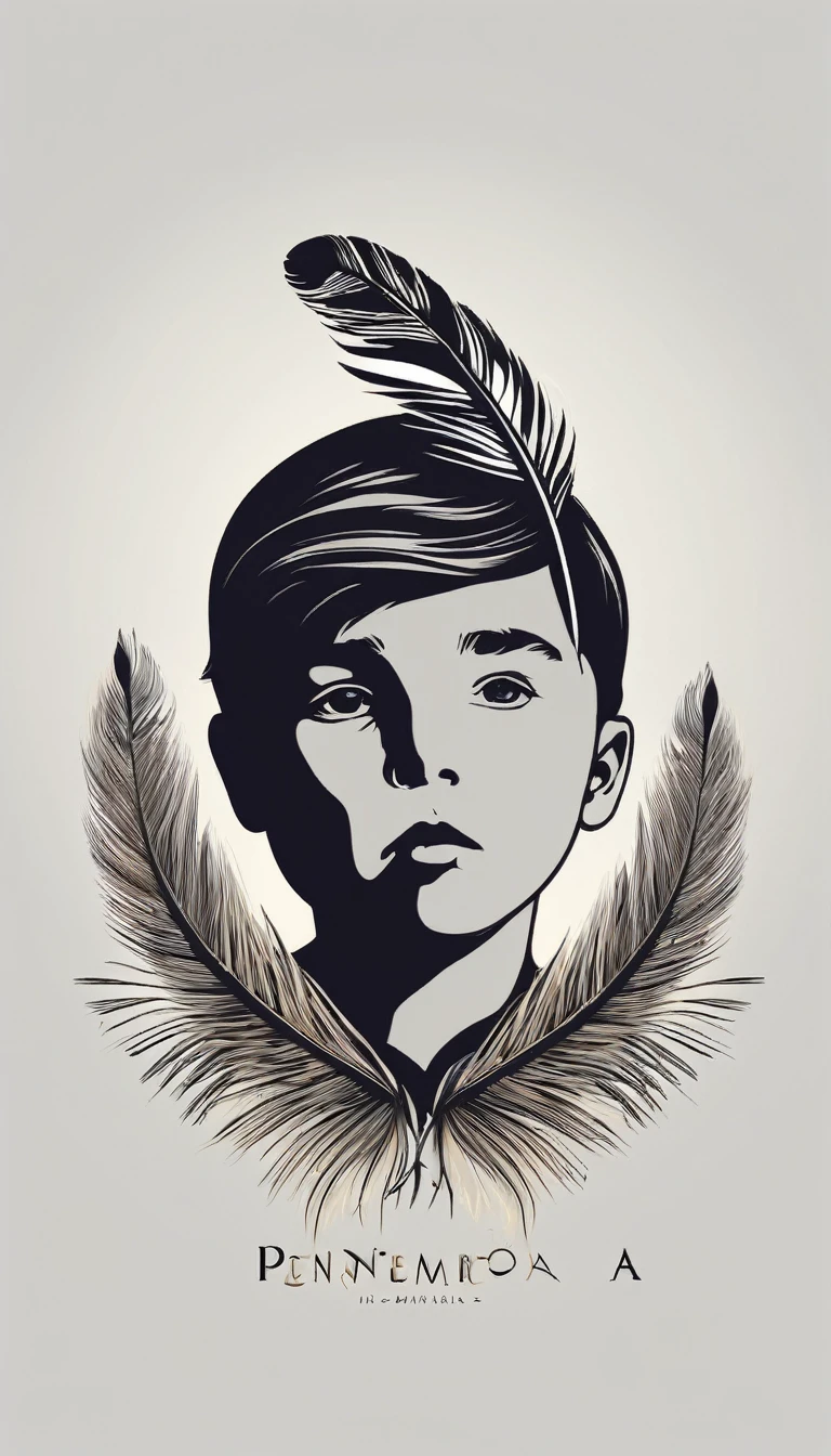 A minimal, modern, simple, cinematic logo design e of a boy with a head full of feathers for the brand “Penamemoria" .