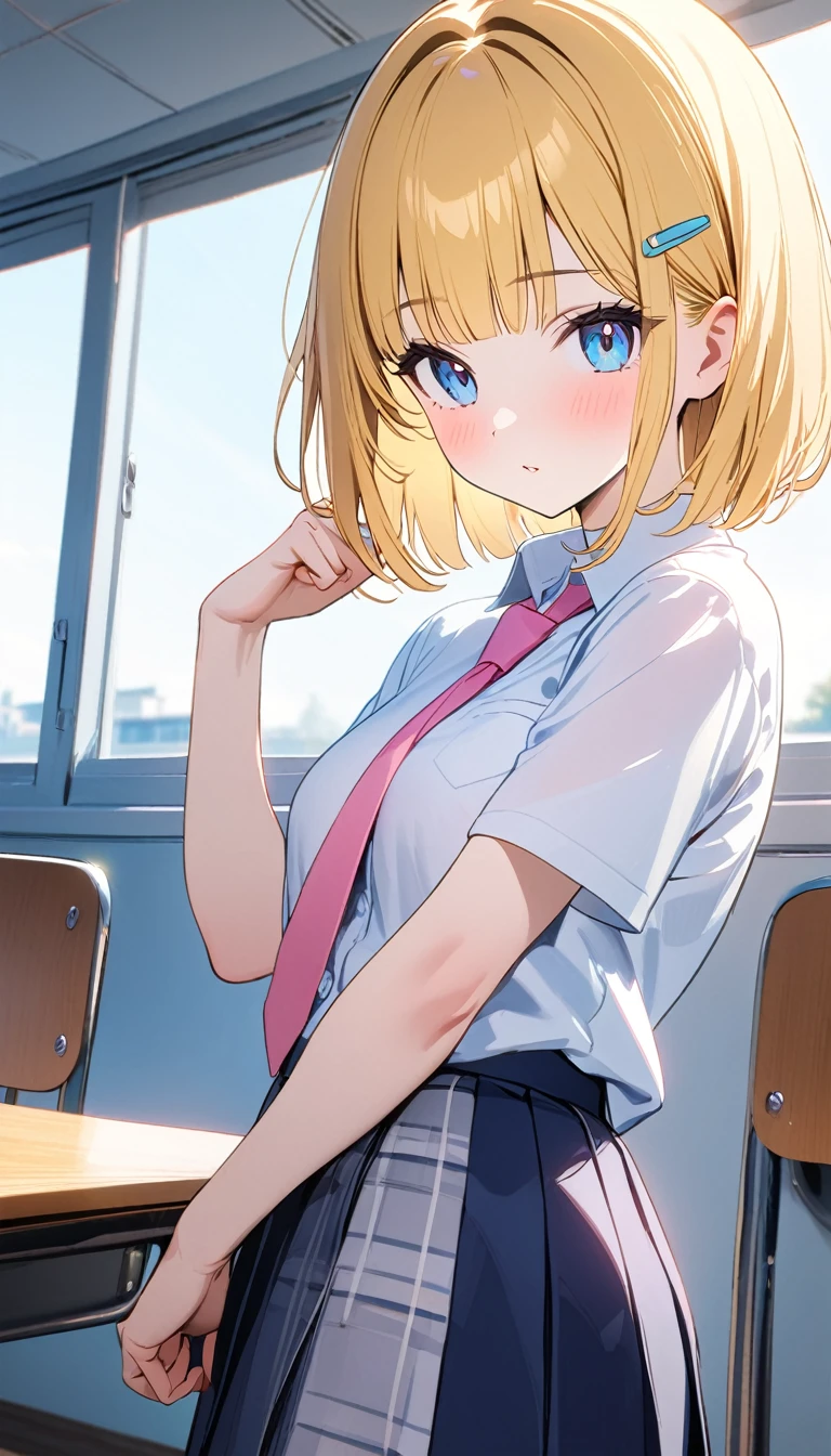 (1 girl),(Best Picture Quality, 8K, Masterpiece:1.3), (high school student:1.5), (pink lob hair), ((bob cut)), (blunt bangs), (slant skyblue eyes), ((school uniform, white short simple sleeve shirt, darkblue skirt, pink tie)), (super clear:1.5), (glistening skin:1.1),(pale skin:1.1),(one simple yellow hair clip on the right side of the hair)