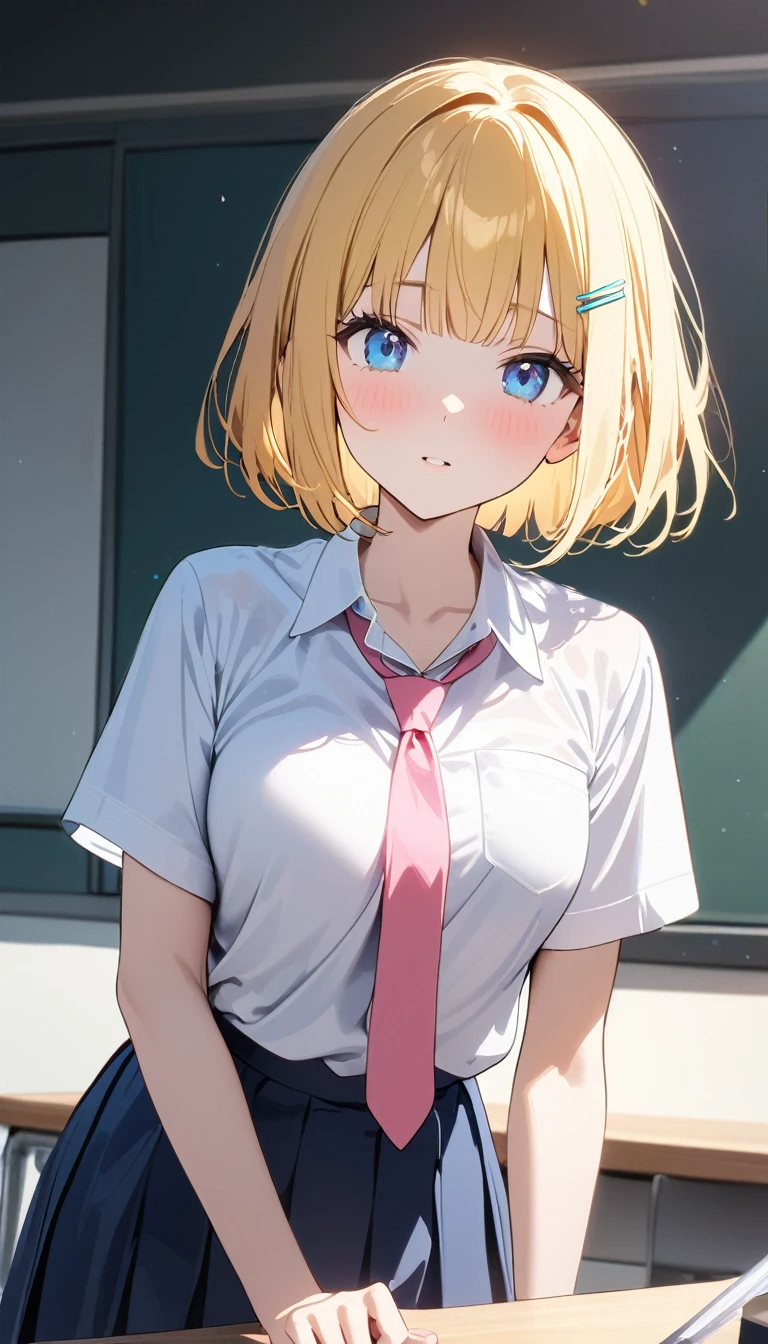 (1 girl),(Best Picture Quality, 8K, Masterpiece:1.3), (high school student:1.5), (pink lob hair), ((bob cut)), (blunt bangs), (slant skyblue eyes), ((school uniform, white short simple sleeve shirt, darkblue skirt, pink tie)), (super clear:1.5), (glistening skin:1.1),(pale skin:1.1),(one simple yellow hair clip on the right side of the hair)