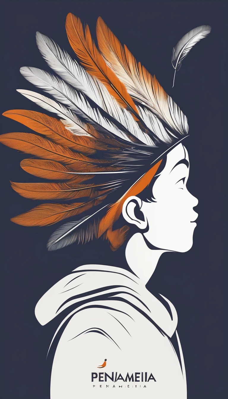 A minimalist, fantastic, poetic, dreamy, captivating, memorable, masterpiece, modern, simple logo design of a boy and a feather for the brand “Penamemoria". The logo must convey a sense of music, stories and dreams. Minimalistic logo design of a boy and a feather.