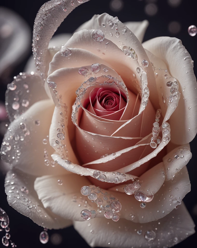 Macro Photography,a rose,Ice World Shining Starlight,Simple background,Dark background,Extreme Detail,uhd,8K,Studio Lighting,Professional Photography,fine art,water droplets on rose petals,