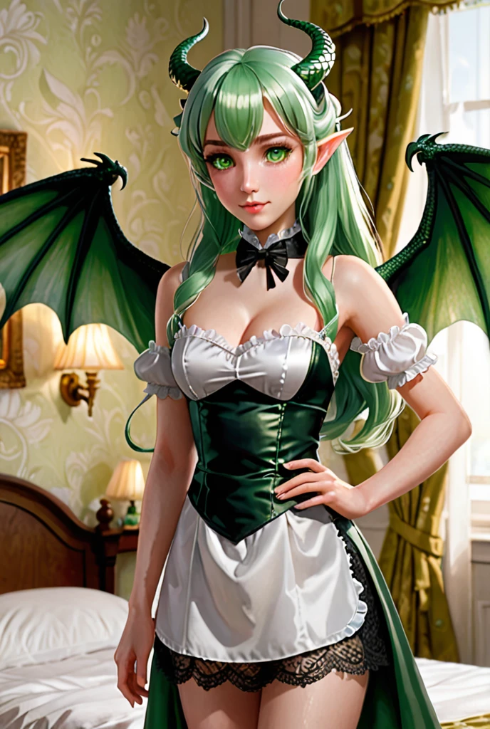 A maid stands beside a bed, illuminated by the soft morning light filtering through the curtains. She has long, soft green hair cascading over her shoulders and striking green eyes. Her white, smooth skin features patches of green scales on her wings, tail, cheeks, thighs, and the sides of her stomach. She also has small, curved horns on her head. Her wings are small and dragon-like, and her tail is covered in green scales. The scales on her body shimmer slightly in the light. She is wearing a black and white maid outfit designed to be both practical and alluring, with a form-fitting bodice and a short skirt that accentuates her graceful figure. Her outfit also has delicate lace trims and a small apron tied at the waist. Her expression is firm yet concerned as she looks down, focusing on her detailed and unique appearance. The room is softly lit with morning light, highlighting her striking features and the intricate details of her outfit and scales