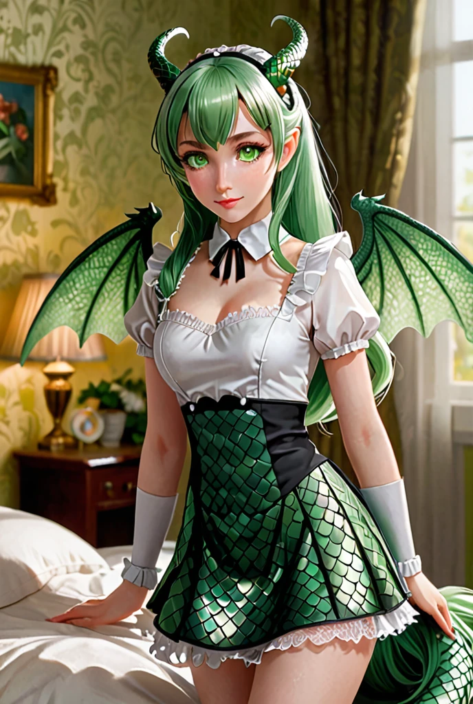 A maid stands beside a bed, illuminated by the soft morning light filtering through the curtains. She has long, soft green hair cascading over her shoulders and striking green eyes. Her white, smooth skin features patches of green scales on her wings, tail, cheeks, thighs, and the sides of her stomach. She also has small, curved horns on her head. Her wings are small and dragon-like, and her tail is covered in green scales. The scales on her body shimmer slightly in the light. She is wearing a black and white maid outfit designed to be both practical and alluring, with a form-fitting bodice and a short skirt that accentuates her graceful figure. Her outfit also has delicate lace trims and a small apron tied at the waist. Her expression is firm yet concerned as she looks down, focusing on her detailed and unique appearance. The room is softly lit with morning light, highlighting her striking features and the intricate details of her outfit and scales