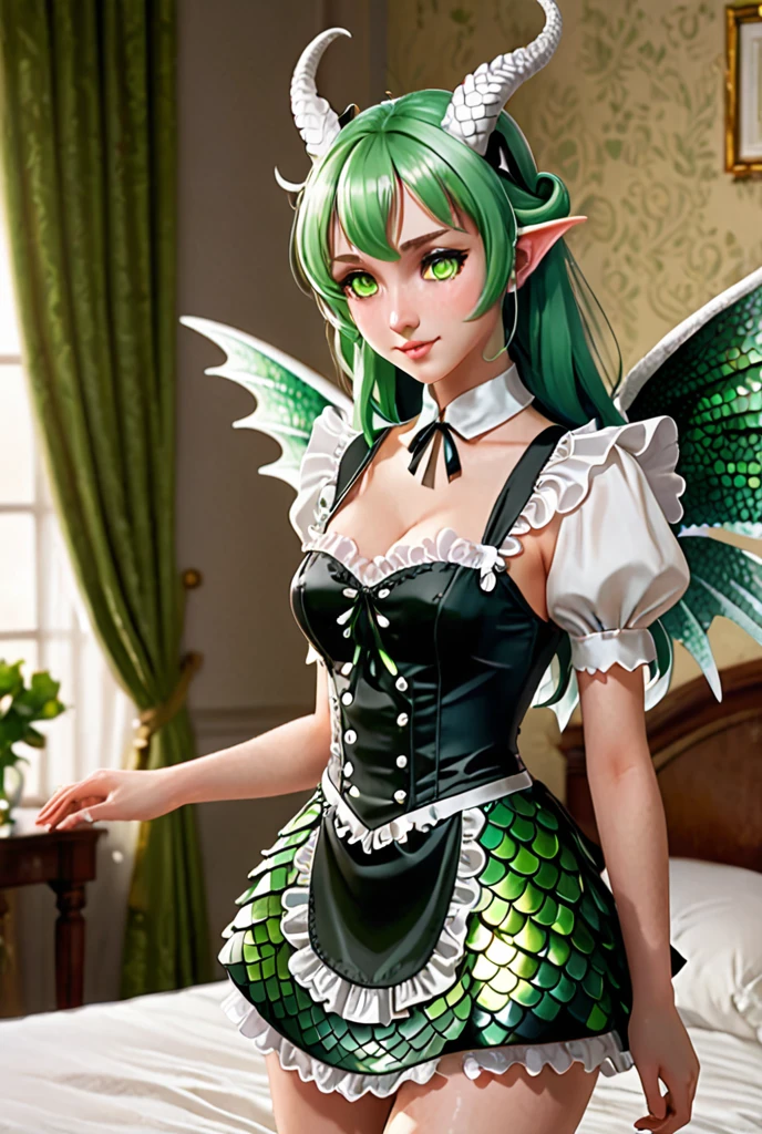 A maid stands beside a bed, illuminated by the soft morning light filtering through the curtains. She has long, soft green hair cascading over her shoulders and striking green eyes. Her white, smooth skin features patches of green scales on her wings, tail, cheeks, thighs, and the sides of her stomach. She also has small, curved horns on her head. Her wings are small and dragon-like, and her tail is covered in green scales. The scales on her body shimmer slightly in the light. She is wearing a black and white maid outfit designed to be both practical and alluring, with a form-fitting bodice and a short skirt that accentuates her graceful figure. Her outfit also has delicate lace trims and a small apron tied at the waist. Her expression is firm yet concerned as she looks down, focusing on her detailed and unique appearance. The room is softly lit with morning light, highlighting her striking features and the intricate details of her outfit and scales