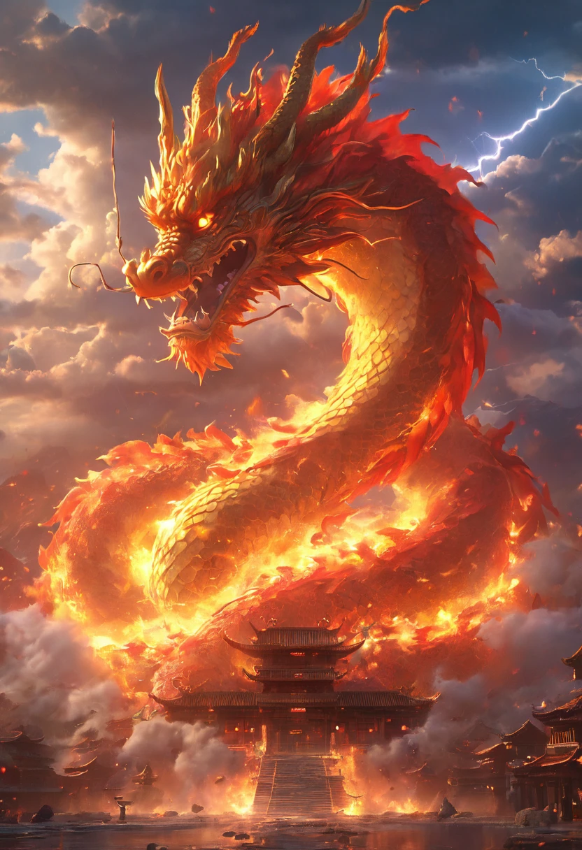 In the fantasy world, Traditional Chinese architecture, A fire dragon, cloud, sun, Sky, Mountains, Thunder and Lightning, (best quality, 4K, high resolution, masterpiece:1.2), Extremely detailed, (Practical:1.37), Vibrant colors, Bokeh, Bright lighting.