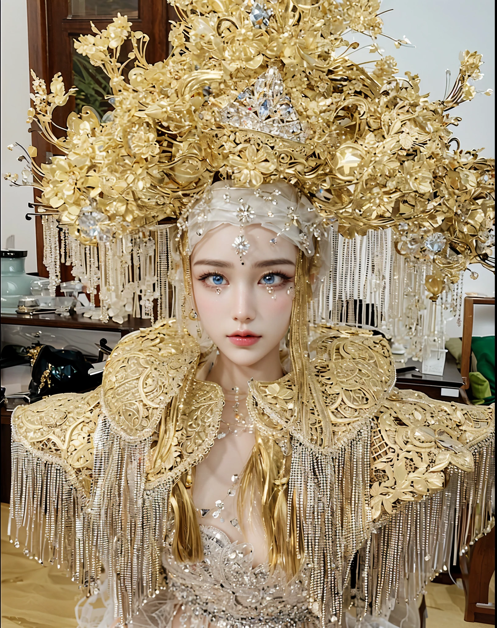 Game Art,Best image quality,Maximum resolution,8K,(A bust photo),(portrait),(Head close-up),(Rule of Thirds),Unreal Engine 5 rendering works,20 year old girl,((Queen)),The eyes are very detailed,(Large Breasts),Elegance and nobility,Light,Light线追踪,Game CG,((3D Unreal Engine)),OC rendering reflection mode,4K,Ultra-clear,Sensual,Translucent lace,Fair and plump figure,Pretty Face,Light泽凝胶涂层,身着华贵礼服的Queen,Crystal Gem Crown,Necklace jewelry,blue eyes,The tattoo is very three-dimensional,Gorgeous and intricate tattoo designs,Ultra-clear portrait,Sexy body,Temple Princess,Sapphire eyes,Fine gold and diamond jewellery,Luxurious jewelry,Wearing diamond gemstone jewelry,Gorgeous jewelry all over the body,Pearl Necklace,Universe-class jewellery,