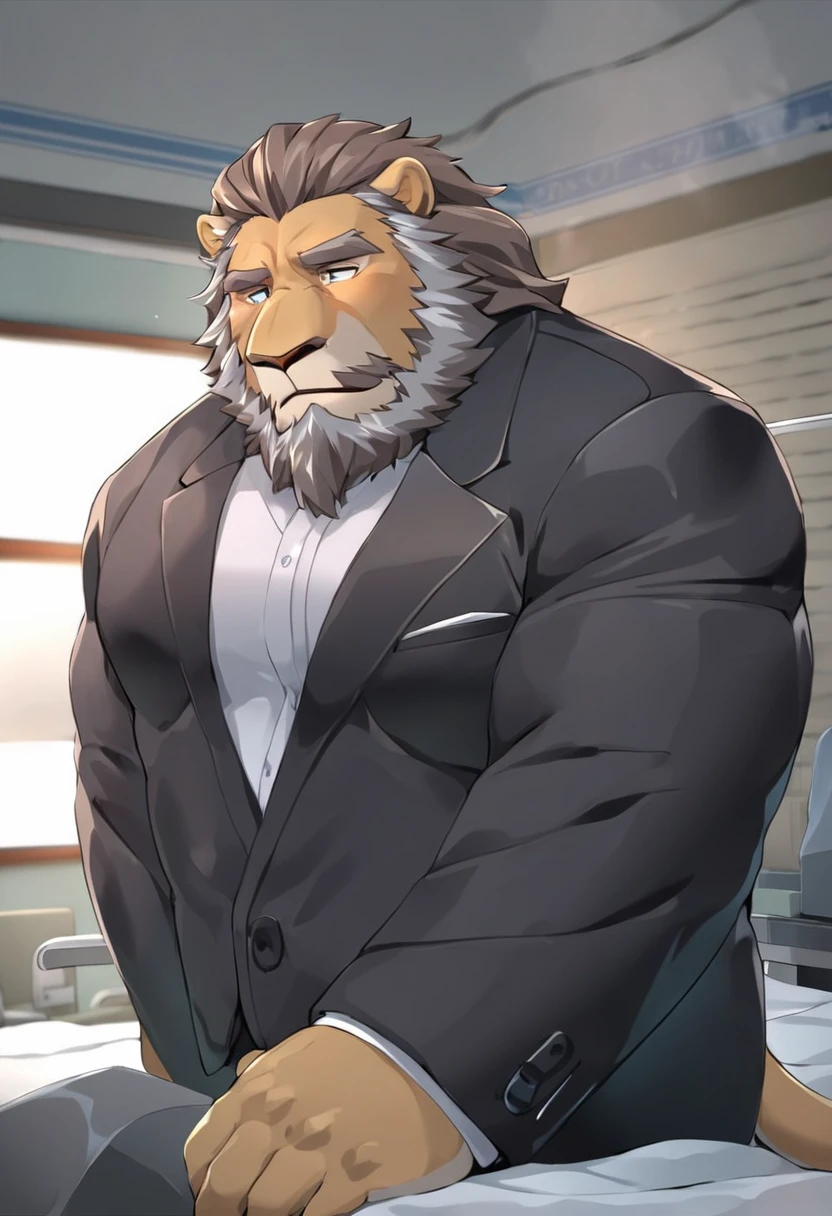 lion，personification，Mature male，Strong Man，Thick beard，Cold expression，Blue-gray pupils，Brown eyebrows，Black suit suit，The Age of Steam，Hospital Office。