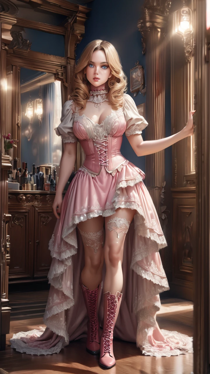 A beautiful curly-haired blonde woman with striking blue eyes and long eyelashes, wearing a frilly, intricate pink saloon girl dress with a knee-length skirt, white accents, a frilly lace choker, and a pink corset. She is standing full-body, with lace-up heeled boots and stockings, in a classic saloon setting. The skirt is short at the front center and adorned with ribbons at the front. (best quality,4k,8k,highres,masterpiece:1.2),ultra-detailed,(realistic,photorealistic,photo-realistic:1.37),extremely detailed eyes and face,longeyelashes,highly detailed facial features,detailed clothing textures,ornate Victorian style,dramatic lighting,cinematic composition,vibrant colors,intricate details