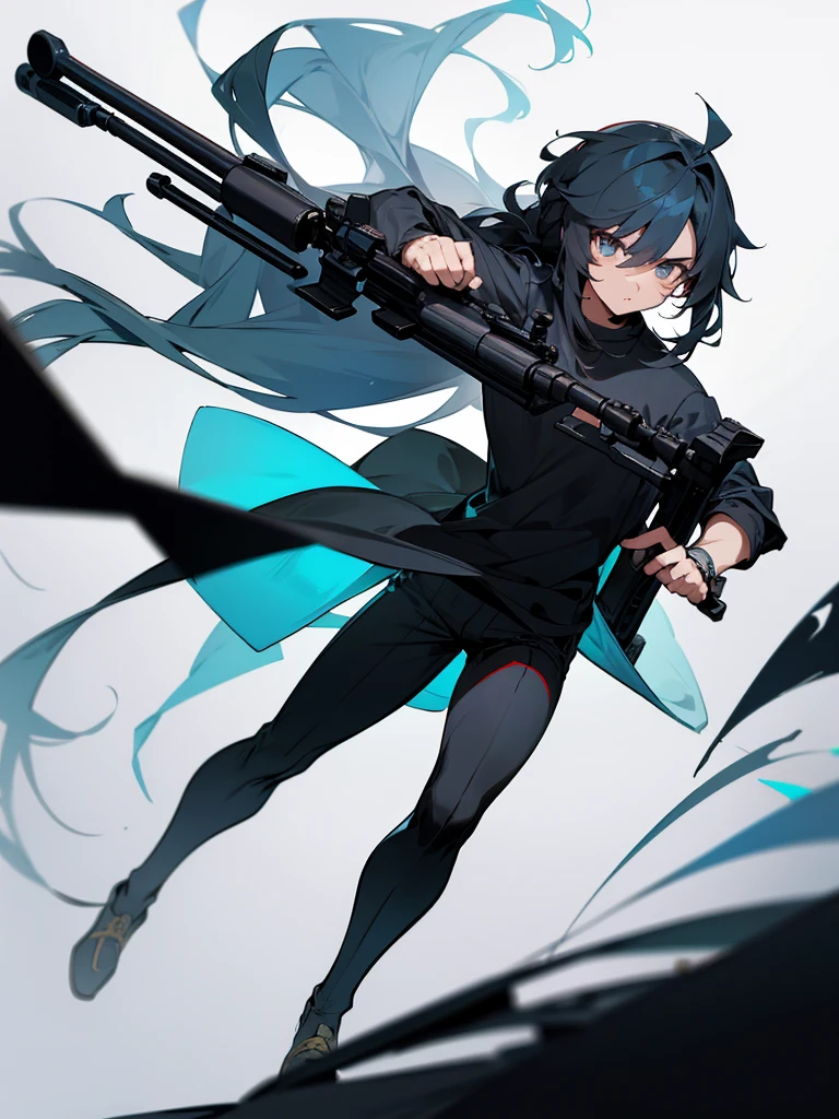 a male character with long hair and robust body, chibi size,dynamic poses, with a sniper rifle, wearing casual clothes, 