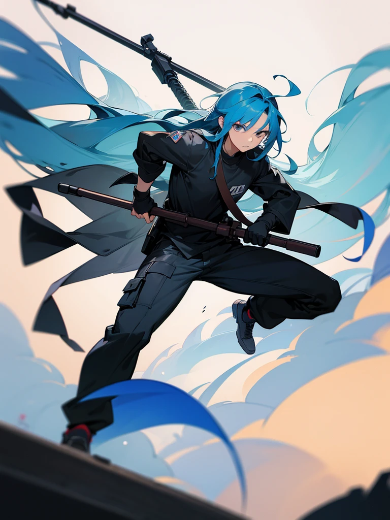 a male character with long hair and robust body, chibi size,dynamic poses, with a sniper rifle, wearing casual clothes,
