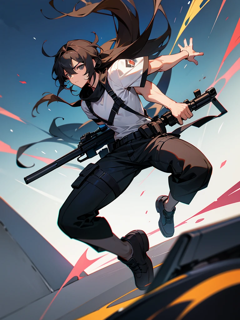 a male character with long hair and robust body, chibi size,dynamic poses, with a sniper rifle, wearing casual clothes,
