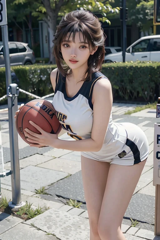 (RAW photo, 4k, masterpiece, high resolution, extremely complex) (realistic: 1.4), cinematic lighting 1 Girl, Solo Focus, Summer Noon, Hot, 1990s\(Style\), (Best Quality), (Highres), (an Extremely Delicate and Beautiful),,(Beautiful 8k face),(Brown eyes),(ulzzang-6500:1.0),(solo),(Looking side),( spectators),(large breasts),(NBA),bent over,,lookside,(side), ,(Basketball sportswear),((Play basketball)),((gymnasium)),((speed)),(reality),
