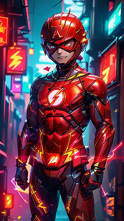 best quality,masterpiece,1boy,solo,(((13years old))),japanese boy,an extremely cute and handsome boy,highly detailed handsome face and eyes,petit,cute face,lovely face,baby face,shy smile,show teeth, Blonde hair,short hair,flat chest,skinny,slender,(((wearing The Flash costume,red superhero helmet,red hero mask style))),(((standing in Dark Midnight Neon Glow light Cyberpunk Metropolis city))),he is looking at the viewer,