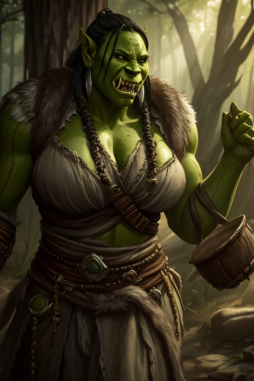 beautiful female orc, with big thighs, nice hips, nice waist, big breasts, flowing hair, green skin, holding an axe, wearing animal skin clothes, iron armor and adorned with animal bones, 8k ultra realistic --auto --s2