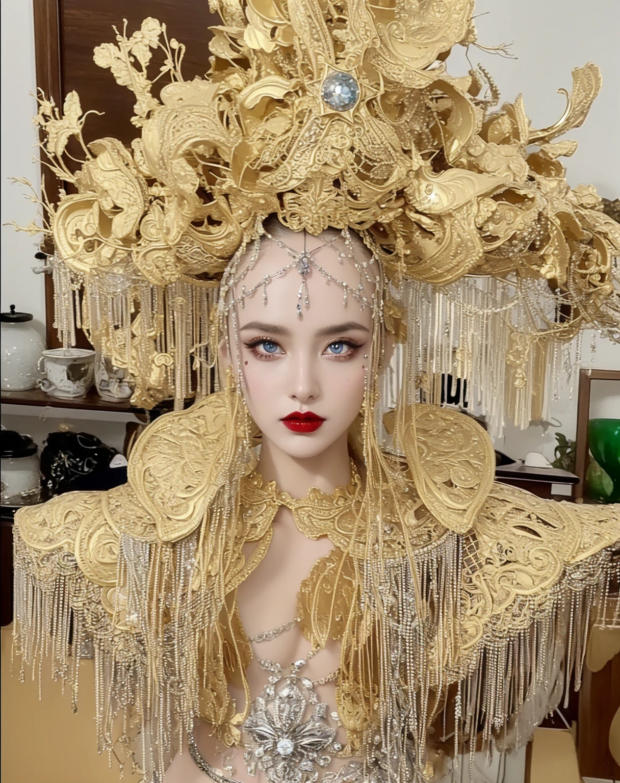 Detailed image quality，Witch Pandora，wing, Succubus Theme，堕落Angel，Excellent，scary，Secret Terror，Tentacles，With eyes，Uncanny Valley Effect，Beast Blood Moon，skeleton，vampire，Hellfire，Dark Queen，Angel，magician magic witch，16岁Angel，Eyes are blue(Pupils as deep as the starry sky)，Gorgeous tattoo designs all over the body，Surreal photos(8K picture quality，Rich in details)，Dark eyeshadow，Sexy thick lips(Red lipstick)，Tattoo designs on body，Dark Queen，Wear luxurious gold jewelry，Silver Crystal Armor，Sparkling diamond gemstone