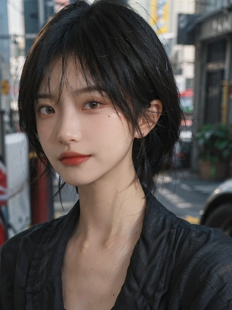 (Skin details:1.4), (smooth skin textures:1.3), （Upper body：1.4），（Upper Body：1.3)，Black shirt，Lipstick, background, earrings, serene, calm, (Realistic and detailed eyes：1.2）, Natural skin texture, Realistic facial details, Soft dramatic lighting, Vivid details, 35 mm film, outdoor, (Photo Practical:1.4), (hyper Practical:1.4), (Practical:1.3), (Smoother lighting:1.05), (Improve lighting quality:0.9), (Highest quality real skin textures:1.4), Exquisite eyes, Delicate face, Close-up of face, (Enhance the beauty of skin texture:1.1),0Normal body proportions, short hair, Moles under the eyes, A faint smile,Portrait Photography, Depth of Field, Bokeh, Surrealism, Ray Tracing, (Portrait Photography:1.1), Surrealism, High Detail, Chiaroscuro, Ray Tracing, reflected light, Ultra HD, Ultra HD, masterpiece, Textured Skin, Super Detail, High Detail, high quality, best quality