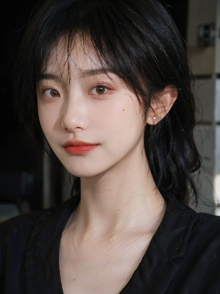 (Skin details:1.4), (smooth skin textures:1.3), (Upper body:1.4),(Upper Body:1.3),Black shirt,Lipstick, background, earrings, serene, calm, (Realistic and detailed eyes:1.2), Natural skin texture, Realistic facial details, Soft dramatic lighting, Vivid details, 35 mm film, outdoor, (Photo Practical:1.4), (hyper Practical:1.4), (Practical:1.3), (Smoother lighting:1.05), (Improve lighting quality:0.9), (Highest quality real skin textures:1.4), Exquisite eyes, Delicate face, Close-up of face, (Enhance the beauty of skin texture:1.1),0Normal body proportions, short hair, Moles under the eyes, A faint smile,Portrait Photography, Depth of Field, Bokeh, Surrealism, Ray Tracing, (Portrait Photography:1.1), Surrealism, High Detail, Chiaroscuro, Ray Tracing, reflected light, Ultra HD, Ultra HD, masterpiece, Textured Skin, Super Detail, High Detail, high quality, best quality