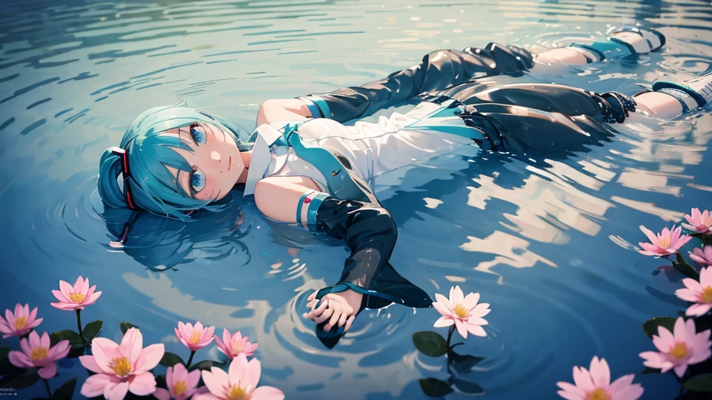 Hatsune Miku。In the background is a calm water surface.、Flowers illuminated by the morning sun々is spreading、Her light blue hair is soft and shiny.。