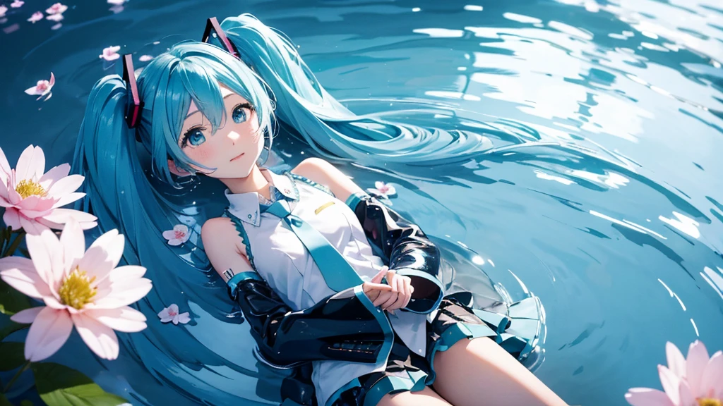 Hatsune Miku。In the background is a calm water surface.、Flowers illuminated by the morning sun々is spreading、Her light blue hair is soft and shiny.。