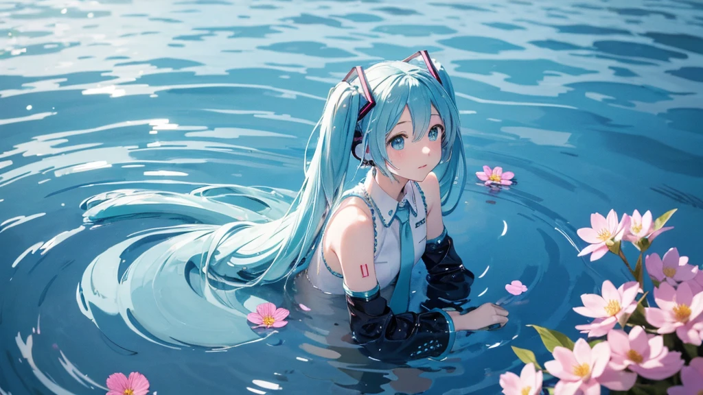 Hatsune Miku。In the background is a calm water surface.、Flowers illuminated by the morning sun々is spreading、Her light blue hair is soft and shiny.。