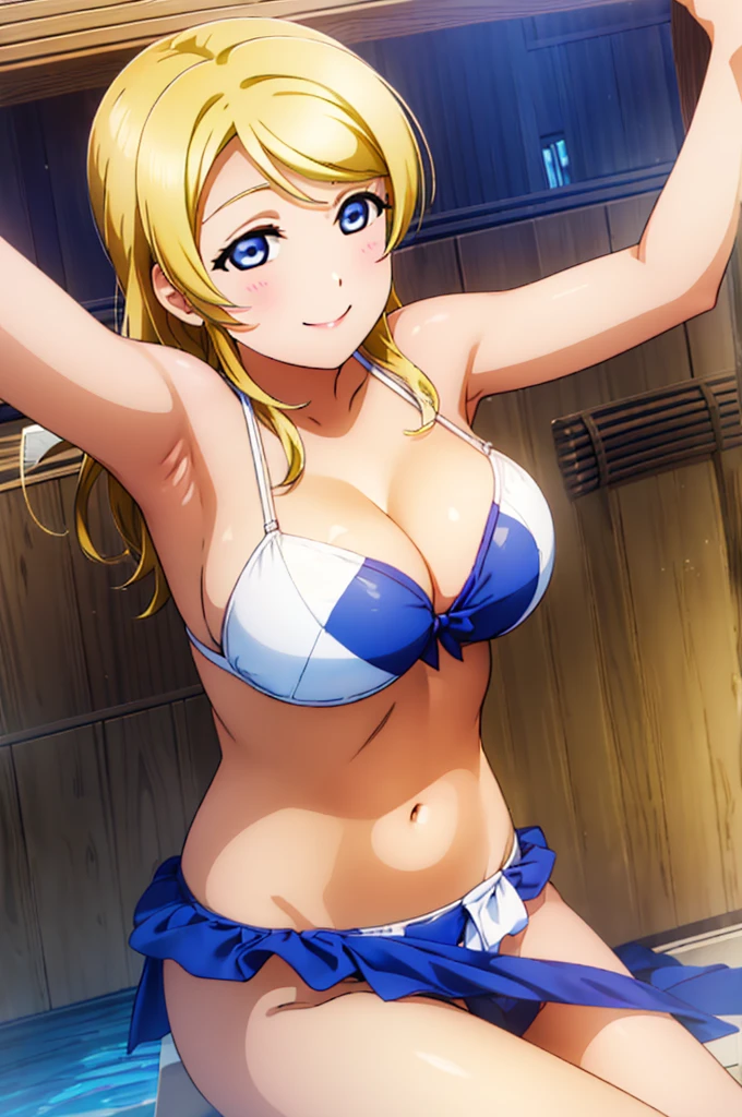 (((pixel-perfect, detail-perfect))), solo, 1girl, Eli ayase, smile, eyes azzur, hair blonde, sauna, armpit, bikini, large extreme filesize, ultra High Qality