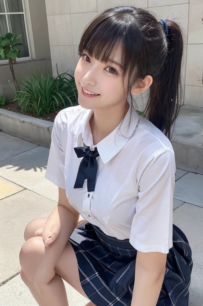 Female college student、Recruitment Suit、Thin legs、ponytail、ribbon、skinny、slim、((Tight mini skirt))sitting on a park bench、Knees forward、(White lace panties)(Unbutton your shirt、Lift up your lace bra、Nipples)Wearing cute sneakers、The whole body seen from the front、Flash photography