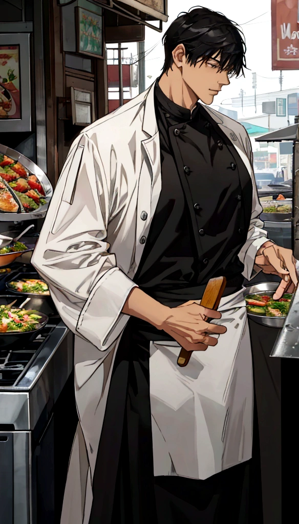 A handsome young man with black hair, dressed in a professional chef's outfit, is standing at a bustling street food stall. He is focused and skillfully preparing a delicious dish, with various cooking utensils and ingredients around him. The background features a vibrant market scene with other food stalls, colorful signs, and a crowd of people eagerly waiting for their food, emphasizing his dedication and expertise in the culinary arts.
