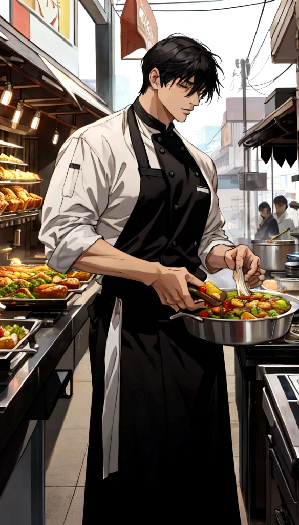 A handsome young man with black hair, dressed in a professional chef's outfit, is standing at a bustling street food stall. He is focused and skillfully preparing a delicious dish, with various cooking utensils and ingredients around him. The background features a vibrant market scene with other food stalls, colorful signs, and a crowd of people eagerly waiting for their food, emphasizing his dedication and expertise in the culinary arts.
