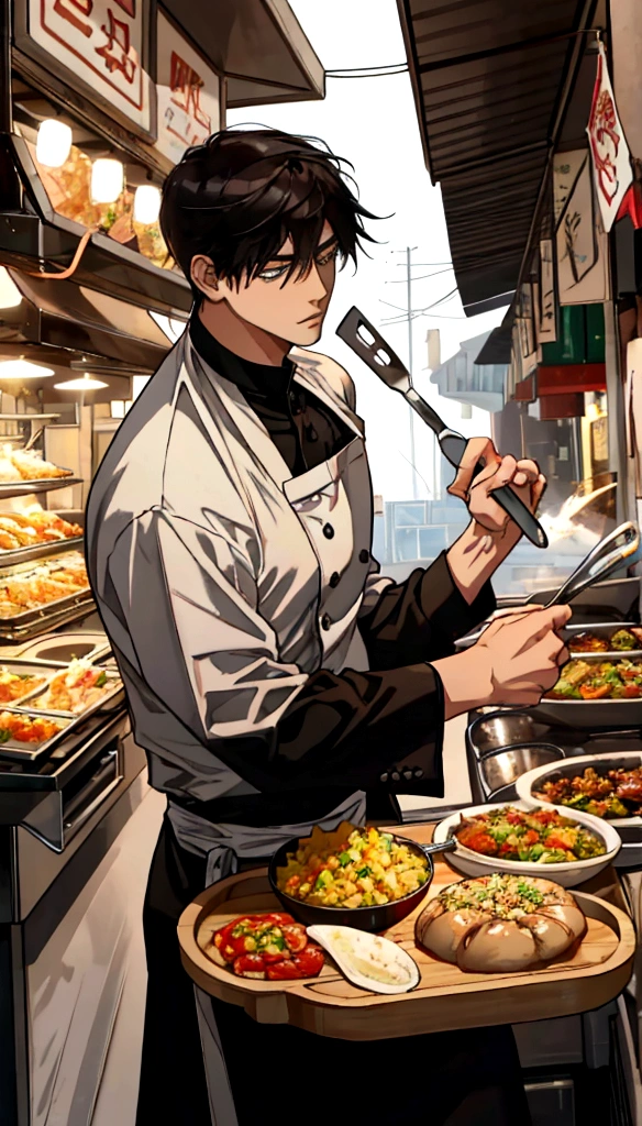 A handsome young man with black hair, dressed in a professional chef's outfit, is standing at a bustling street food stall. He is focused and skillfully preparing a delicious dish, with various cooking utensils and ingredients around him. The background features a vibrant market scene with other food stalls, colorful signs, and a crowd of people eagerly waiting for their food, emphasizing his dedication and expertise in the culinary arts.