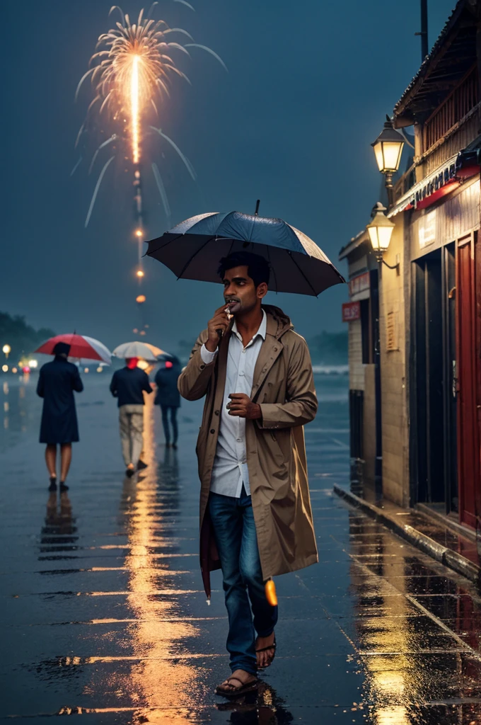 People bursting crackers in rainy days while holding umbrella 