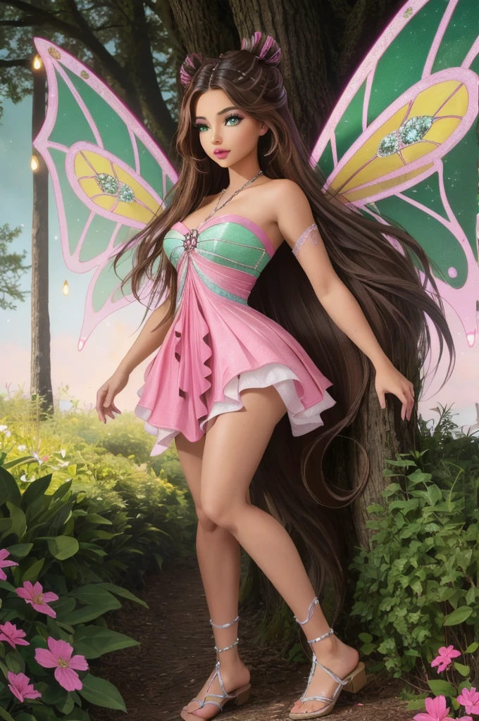 cinematic composition, professional full body shot photo of Flora,dress, pink wings, sparkling clothing, green eyes, brown hair,
detailed skin, detailed eyes, finely detailed hair,
volumetric light, highrez, masterpiece, best quality,
fantasy forest,
