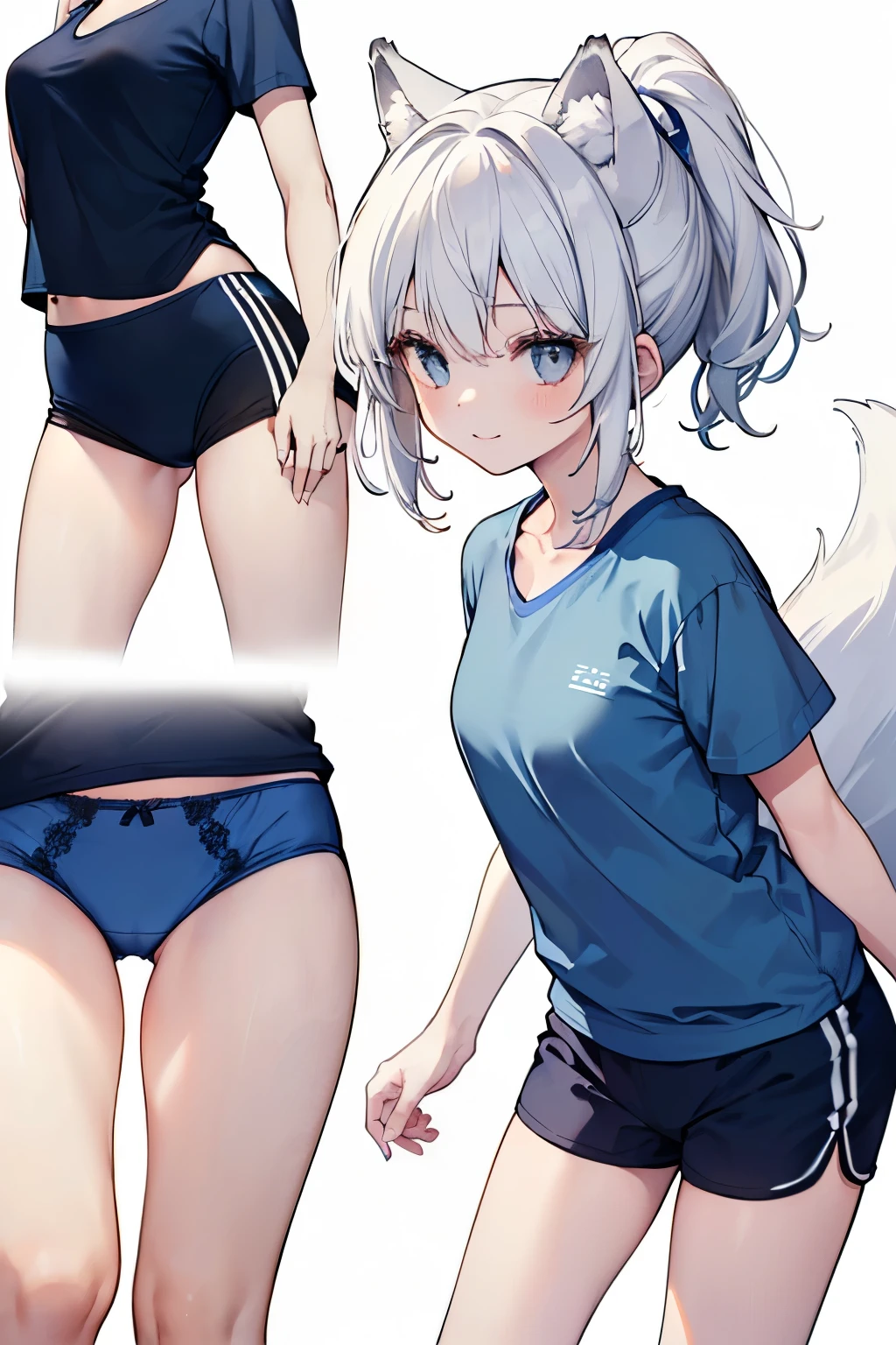 Silver Hair、Red Eye、Fox ears、girl、Small breasts、ponytail、girl、Small breasts、Bright smile、Looks about 15 years old、Petan Musume、He is short、Gym、【prompt】

break (Old style sportswear for Japanese schools:1.3), ((Soft cotton material, matte material):1.3), (Oversized soft cotton short sleeve U-neck white tunic:1.4), (Blue line on the top outline:1.3), ((Slim fit, Perfect fit) (Dark blue panties, Deep blue athletic micro shorts in soft cotton, Soft cotton dark blue bloomers):1.3), ((between legs, Upper thigh skin):1.3), (White socks:1.3), (Sneakers:1.2),