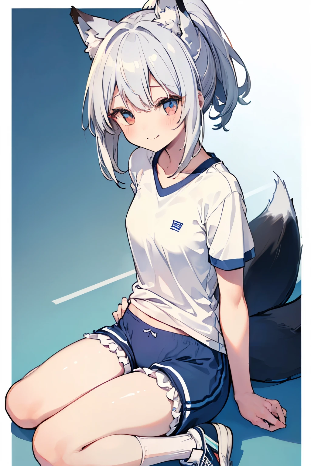 Silver Hair、Red Eye、Fox ears、girl、Small breasts、ponytail、girl、Small breasts、Bright smile、Looks about 、Petan Musume、He is short、Gym、【prompt】

break (Old style sportswear for Japanese schools:1.3), ((Soft cotton material, matte material):1.3), (Oversized soft cotton short sleeve U-neck white tunic:1.4), (Blue line on the top outline:1.3), ((Slim fit, Perfect fit) (Dark blue panties, Deep blue athletic micro shorts in soft cotton, Soft cotton dark blue bloomers):1.3), ((between legs, Upper thigh skin):1.3), (White socks:1.3), (Sneakers:1.2),