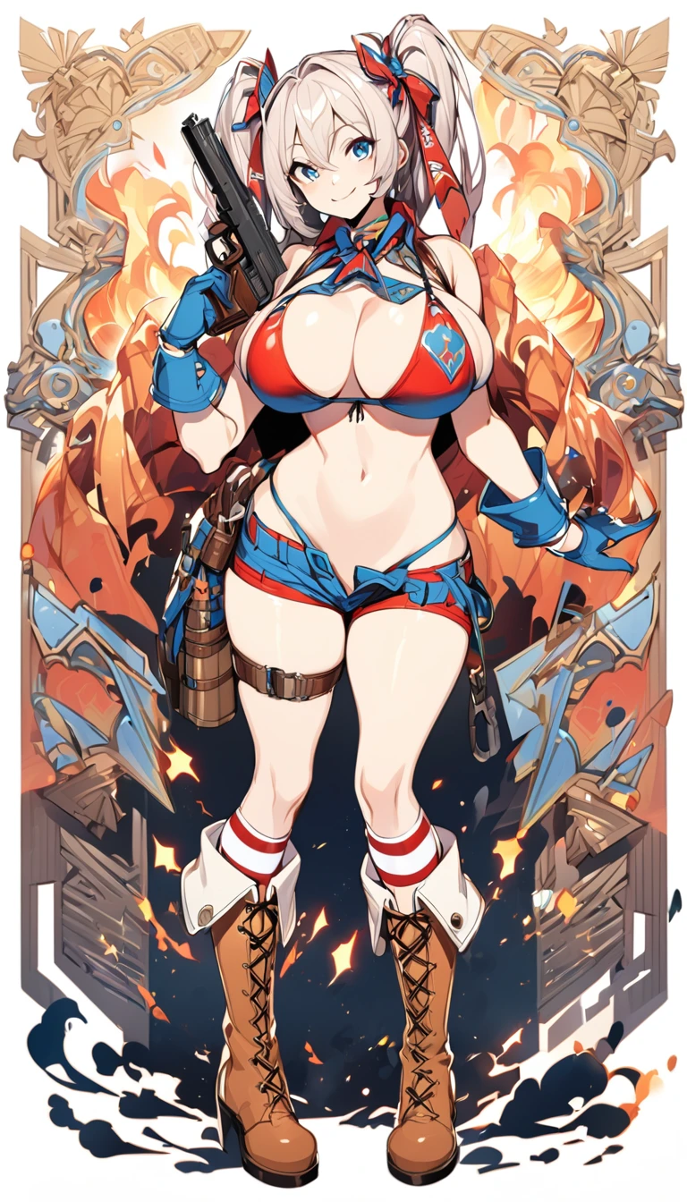 girl,big breasts,Bikini Tops,hot pants,gloves,smile,boots,Knee-high socks,full body Shot,hand pistol,