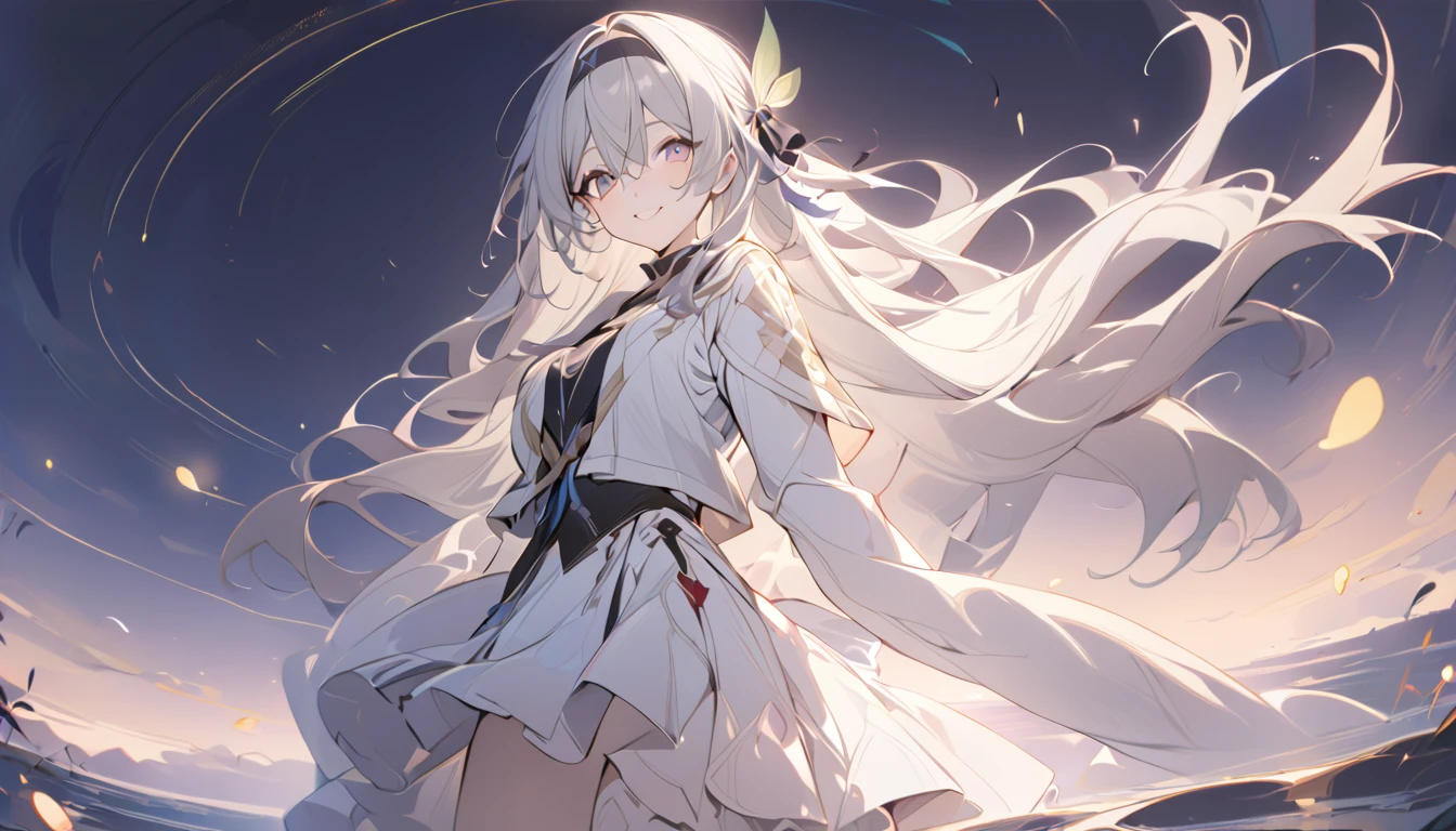 (best quality:1.3), (masterpiece:1.3), (illustration:1.3), (Extremely detailed:1.3), firefly \(Collapse: Star Trails\), 1 Girl, Solitary, Long hair, Bangs, skirt, Long sleeve, Hair accessories, Silver hair, Black hair band, Medium breasts, Hair between the eyes,Lakeside at night,Bright light,smiling
