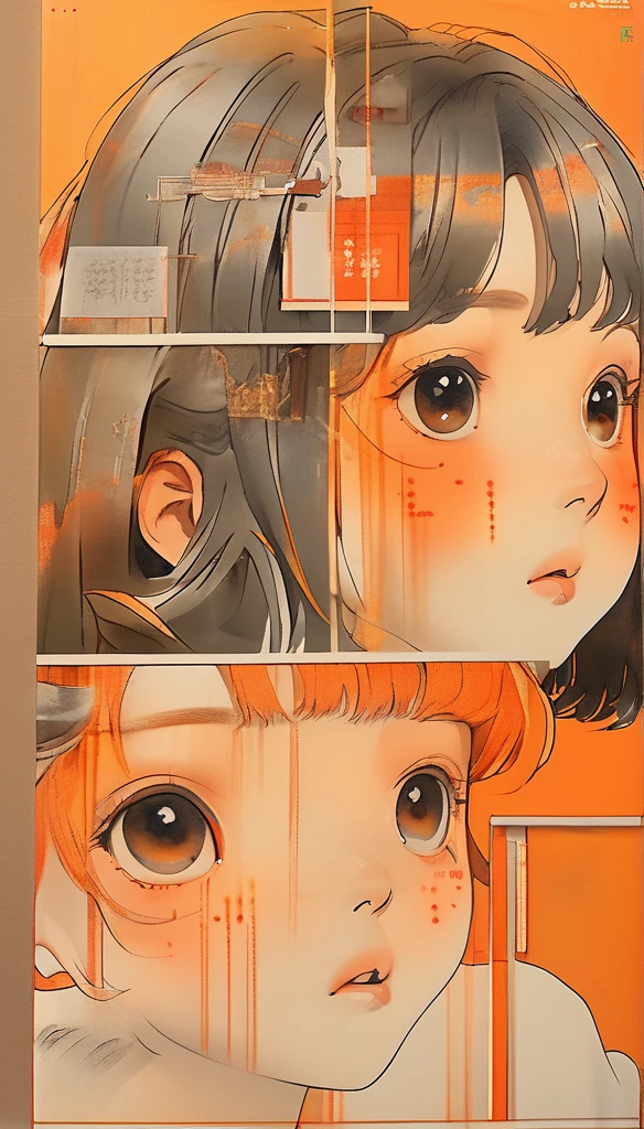 (realistic:1.1),ghibli ,anime ,(childen girl ,1girl ),,lip, Laplap,Fiberglass, fluorescent orange gradient background, Rust hair,Blunt bangs hair, Asian ,, (masterpiece,best quality,niji style)