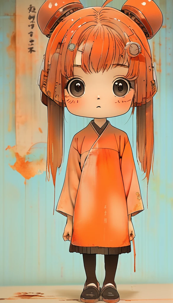 (realistic:1.1),ghibli ,anime ,(childen girl ,1girl ),,lip, Laplap,Fiberglass, fluorescent orange gradient background, Rust hair,Blunt bangs hair, Asian ,, (masterpiece,best quality,niji style)