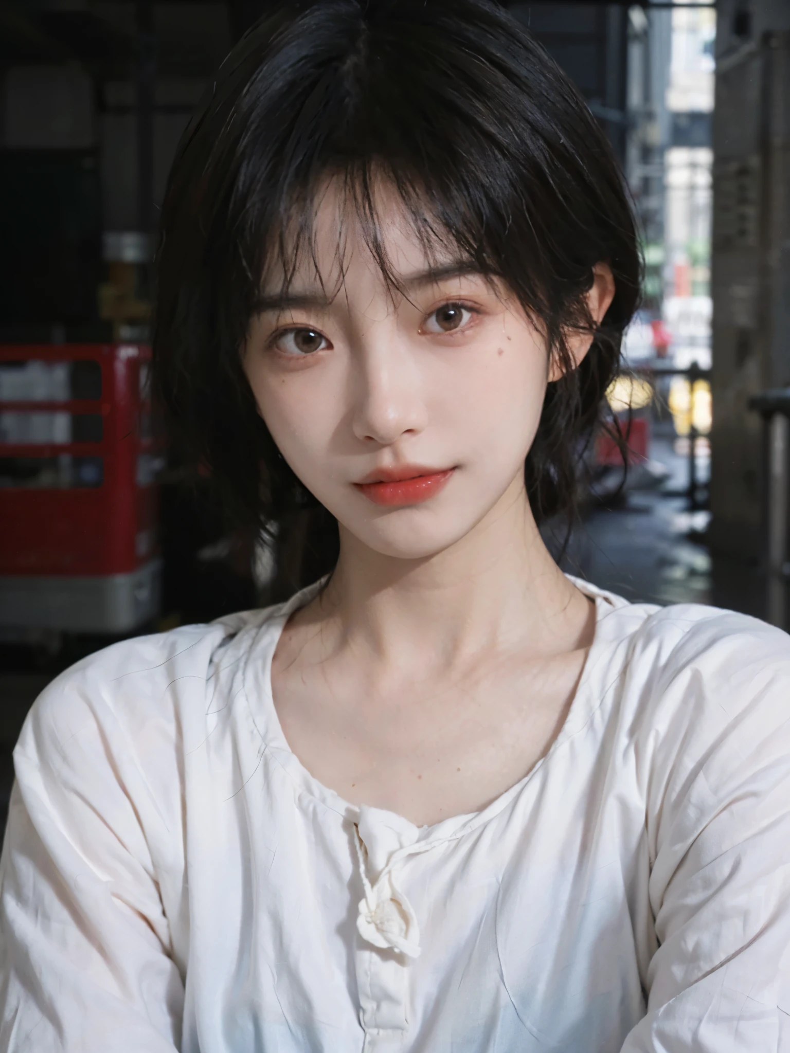 (Skin details:1.4), (smooth skin textures:1.3), (Upper body:1.4),(Upper Body:1.3),White shirt,Lipstick, background, earrings, serene, calm, (Realistic and detailed eyes:1.2), Natural skin texture, Realistic facial details, Soft dramatic lighting, Vivid details, 35 mm film, outdoor, (Photo Practical:1.4), (hyper Practical:1.4), (Practical:1.3), (Smoother lighting:1.05), (Improve lighting quality:0.9), (Highest quality real skin textures:1.4), Exquisite eyes, Delicate face, Close-up of face, (Enhance the beauty of skin texture:1.1),0Normal body proportions, short hair, Moles under the eyes, A faint smile,Portrait Photography, Depth of Field, Bokeh, Surrealism, Ray Tracing, (Portrait Photography:1.1), Surrealism, High Detail, Chiaroscuro, Ray Tracing, reflected light, Ultra HD, Ultra HD, masterpiece, Textured Skin, Super Detail, High Detail, high quality, best quality