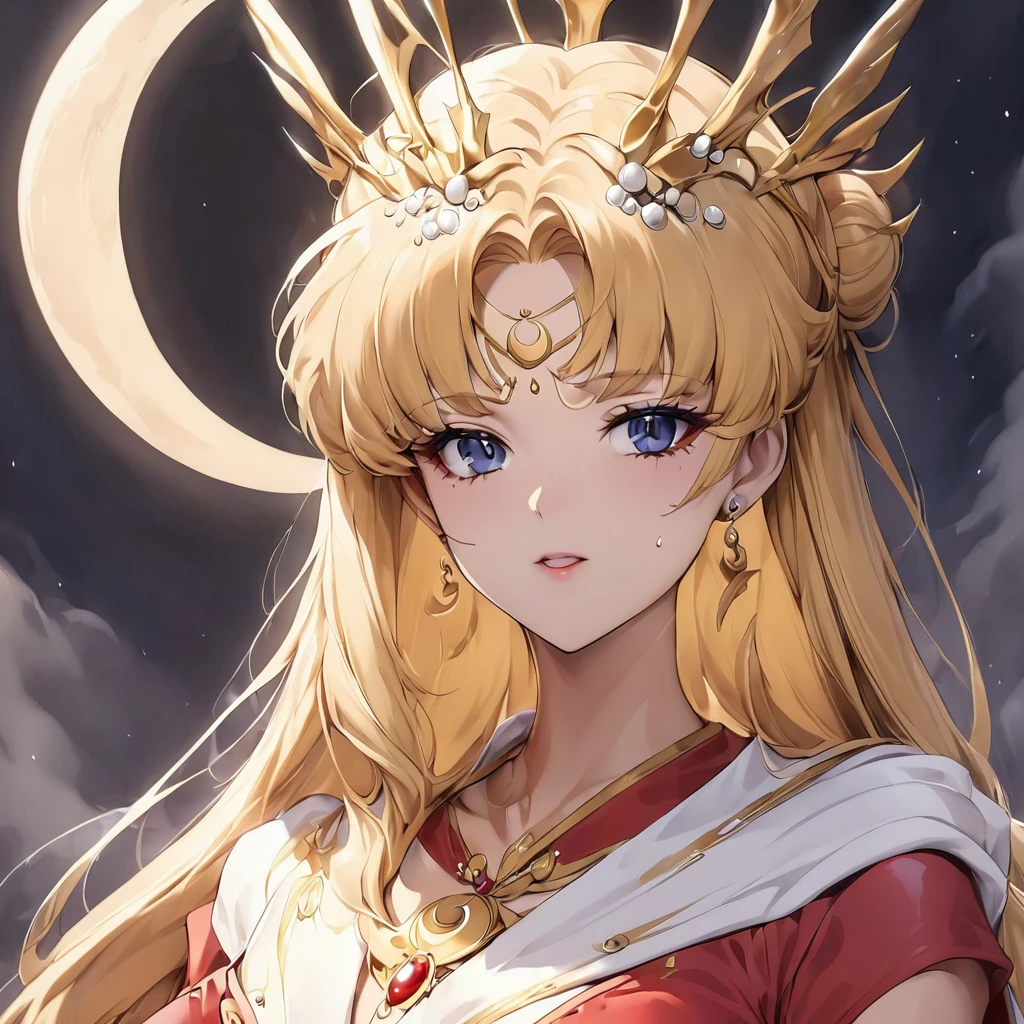 ((Highest quality)), ((masterpiece)), (detailed), (Perfect Face)、The woman has a black inverted crescent moon mark on her forehead, is wearing a gorgeous and glittering red Hanfu, and is an empress wearing a phoenix crown with gorgeous jeweled accessories.、The woman is Black Serenity, the elegant Empress of the Black Moon of the Black Moon Clan, and has blonde hair.2The woman with long hair tied up is Princess Serenity